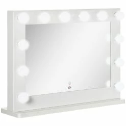 HOMCOM Miroir Maquillage Hollywood Lumineux LED Tactile - 12 LED, Luminosité Réglable, Fonction Mémoire - Métal MDF Blanc Verre