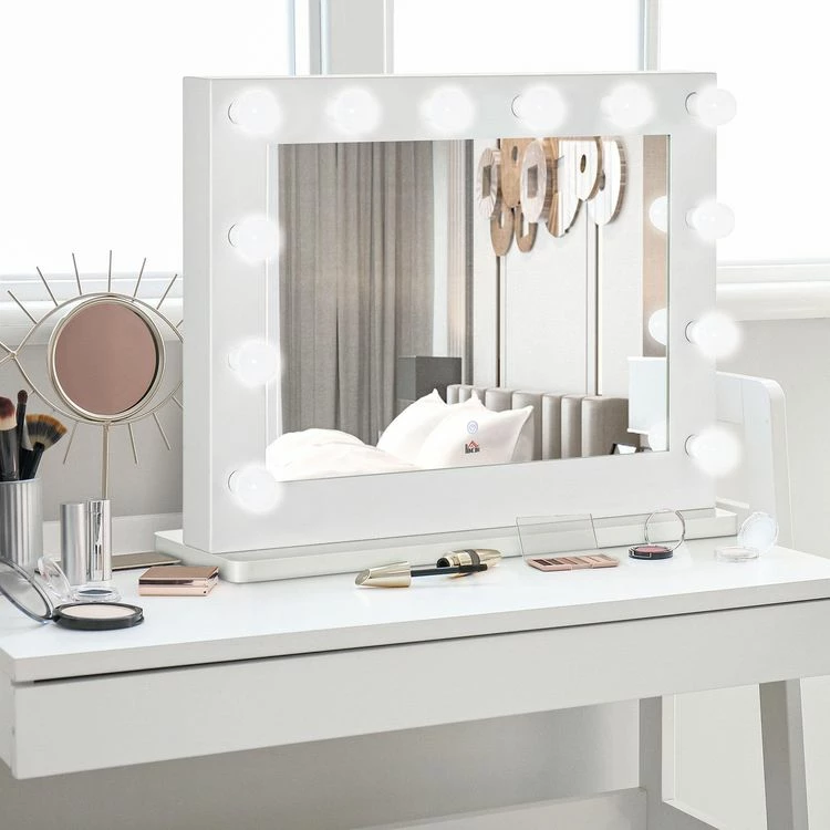 HOMCOM Miroir Maquillage Hollywood Lumineux LED Tactile - 12 LED, Luminosité Réglable, Fonction Mémoire - Métal MDF Blanc Verre 2 HOMCOM Miroir Maquillage Hollywood Lumineux LED Tactile - 12 LED, Luminosité Réglable, Fonction Mémoire - Métal MDF Blanc Verre – Image 2