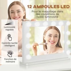 HOMCOM Miroir Maquillage Hollywood Lumineux LED Tactile - 12 LED, Luminosité Réglable, Fonction Mémoire - Métal MDF Blanc Verre 9 HOMCOM Miroir Maquillage Hollywood Lumineux LED Tactile - 12 LED, Luminosité Réglable, Fonction Mémoire - Métal MDF Blanc Verre -Paris Prix boutique B2CD 2120