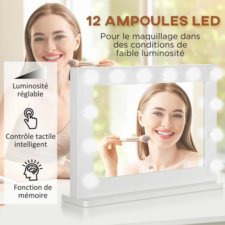 HOMCOM Miroir Maquillage Hollywood Lumineux LED Tactile - 12 LED, Luminosité Réglable, Fonction Mémoire - Métal MDF Blanc Verre 4 HOMCOM Miroir Maquillage Hollywood Lumineux LED Tactile - 12 LED, Luminosité Réglable, Fonction Mémoire - Métal MDF Blanc Verre – Image 4
