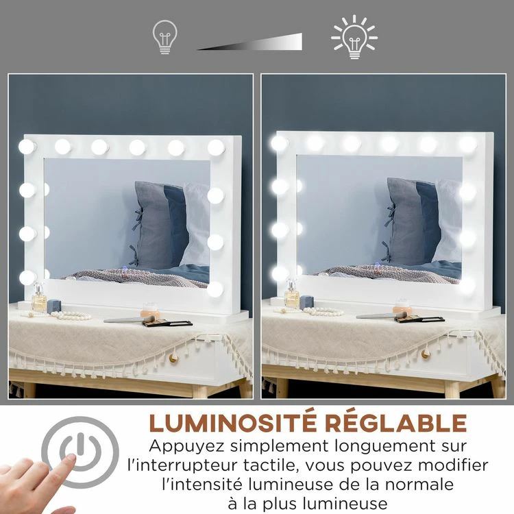 HOMCOM Miroir Maquillage Hollywood Lumineux LED Tactile - 12 LED, Luminosité Réglable, Fonction Mémoire - Métal MDF Blanc Verre 5 HOMCOM Miroir Maquillage Hollywood Lumineux LED Tactile - 12 LED, Luminosité Réglable, Fonction Mémoire - Métal MDF Blanc Verre – Image 5