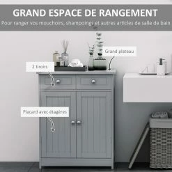 KLEANKIN Meuble Bas De Salle De Bain Sur Pied 2 Portes Avec étagère Réglable 2 Tiroirs Poignées Boutons Métal MDF Gris 9 KLEANKIN Meuble Bas De Salle De Bain Sur Pied 2 Portes Avec étagère Réglable 2 Tiroirs Poignées Boutons Métal MDF Gris -Paris Prix boutique B2CD 214