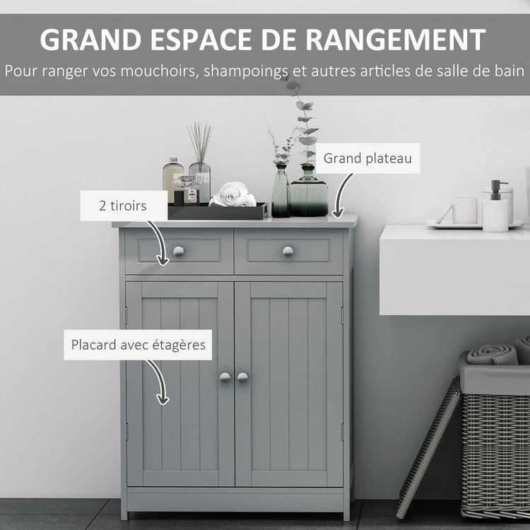 KLEANKIN Meuble Bas De Salle De Bain Sur Pied 2 Portes Avec étagère Réglable 2 Tiroirs Poignées Boutons Métal MDF Gris 4 KLEANKIN Meuble Bas De Salle De Bain Sur Pied 2 Portes Avec étagère Réglable 2 Tiroirs Poignées Boutons Métal MDF Gris – Image 4