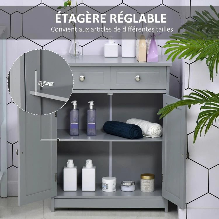 KLEANKIN Meuble Bas De Salle De Bain Sur Pied 2 Portes Avec étagère Réglable 2 Tiroirs Poignées Boutons Métal MDF Gris 5 KLEANKIN Meuble Bas De Salle De Bain Sur Pied 2 Portes Avec étagère Réglable 2 Tiroirs Poignées Boutons Métal MDF Gris – Image 5