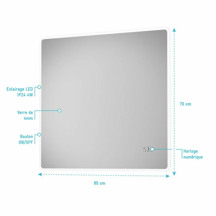 Aurlane Miroir Salle De Bain LED Rectangulaire Auto-éclairant 80x70cm - Ulysse LED 80 4 Aurlane Miroir Salle De Bain LED Rectangulaire Auto-éclairant 80x70cm - Ulysse LED 80 – Image 4