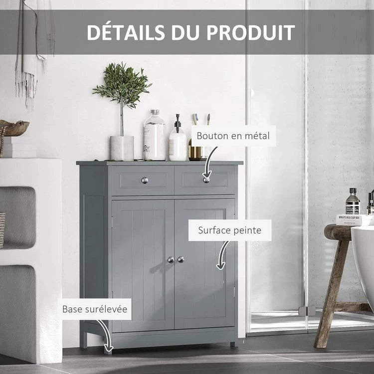 KLEANKIN Meuble Bas De Salle De Bain Sur Pied 2 Portes Avec étagère Réglable 2 Tiroirs Poignées Boutons Métal MDF Gris 6 KLEANKIN Meuble Bas De Salle De Bain Sur Pied 2 Portes Avec étagère Réglable 2 Tiroirs Poignées Boutons Métal MDF Gris – Image 6