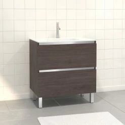 Aurlane Pack Meuble De Salle De Bain 80x50 Cm Finition Graphite - 2 Tiroirs - Vasque En Verre Blanc