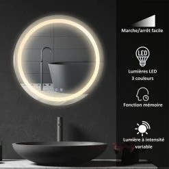 KLEANKIN Miroir Salle De Bain Lumineux LED 35 W - Dim. Ø 60 X 4H Cm - Fonction Anti-buée, Interrupteur Tactile, Luminosité Réglable - Alu. Verre -Paris Prix boutique B2CD 2212