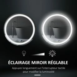 KLEANKIN Miroir Salle De Bain Lumineux LED 35 W - Dim. Ø 60 X 4H Cm - Fonction Anti-buée, Interrupteur Tactile, Luminosité Réglable - Alu. Verre -Paris Prix boutique B2CD 2213
