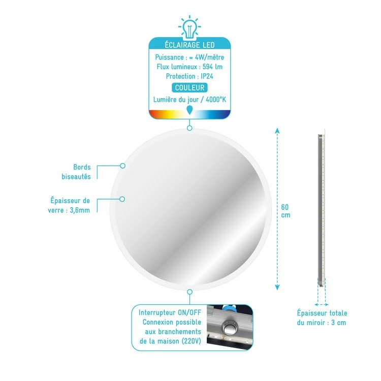 Aurlane Miroir Salle De Bain Avec Eclairage LED - Ø60cm - GO LED 4 Aurlane Miroir Salle De Bain Avec Eclairage LED - Ø60cm - GO LED – Image 4
