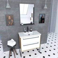 Aurlane Ensemble De Salle De Bain Blanc 80cm+ Vasque En Resine Blanche 80x50 + Tiroirs Blanc Mat + Mirroir