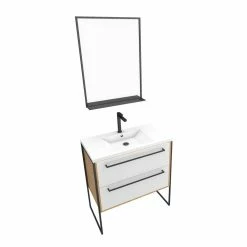 Aurlane Ensemble De Salle De Bain Blanc 80cm+ Vasque En Resine Blanche 80x50 + Tiroirs Blanc Mat + Mirroir -Paris Prix boutique B2CD 225