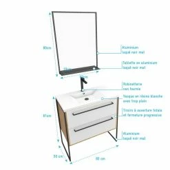 Aurlane Ensemble De Salle De Bain Blanc 80cm+ Vasque En Resine Blanche 80x50 + Tiroirs Blanc Mat + Mirroir -Paris Prix boutique B2CD 226