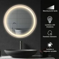 KLEANKIN Miroir Salle De Bain Lumineux LED 48 W - Dim. Ø 60 X 4H Cm - Interrupteur Tactile, Luminosité Réglable - Alu. Coloris Or Rose 9 KLEANKIN Miroir Salle De Bain Lumineux LED 48 W - Dim. Ø 60 X 4H Cm - Interrupteur Tactile, Luminosité Réglable - Alu. Coloris Or Rose -Paris Prix boutique B2CD 2261