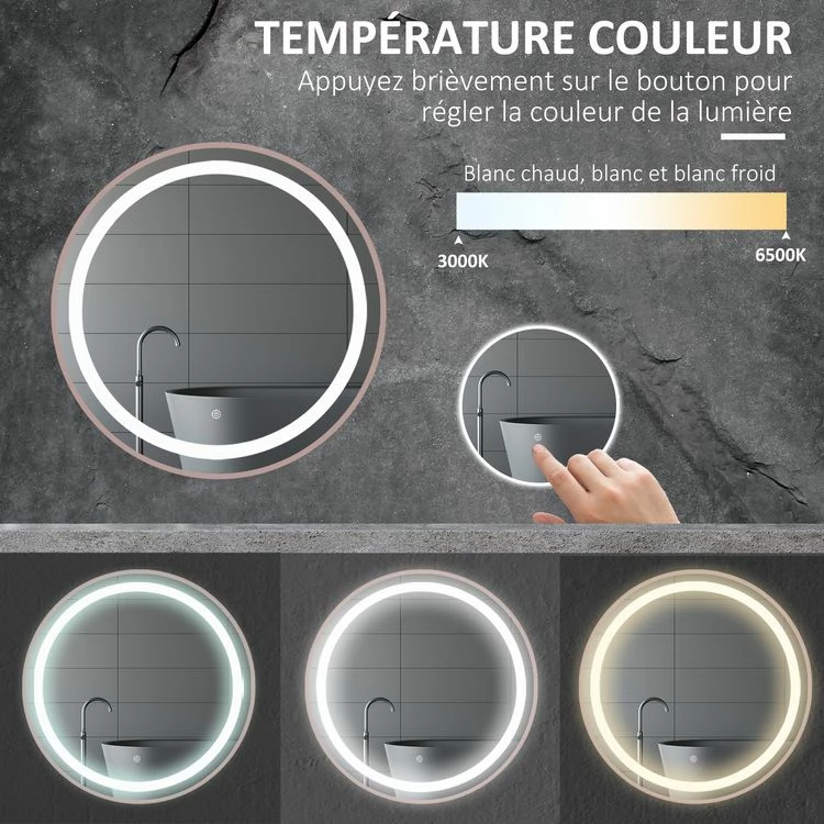 KLEANKIN Miroir Salle De Bain Lumineux LED 48 W - Dim. Ø 60 X 4H Cm - Interrupteur Tactile, Luminosité Réglable - Alu. Coloris Or Rose 6 KLEANKIN Miroir Salle De Bain Lumineux LED 48 W - Dim. Ø 60 X 4H Cm - Interrupteur Tactile, Luminosité Réglable - Alu. Coloris Or Rose – Image 6