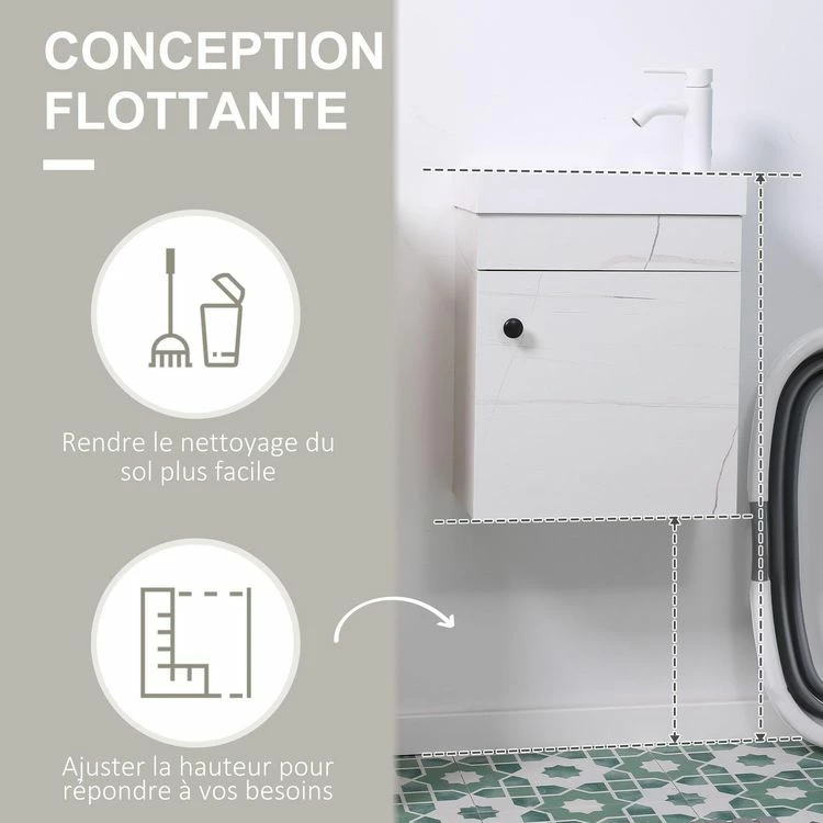 KLEANKIN Meuble Sous-vasque Suspendu - Vasque Céramique Incluse - 1 Porte - Dim. 40L X 22l X 50H Cm - Aspect Marbre Blanc 4 KLEANKIN Meuble Sous-vasque Suspendu - Vasque Céramique Incluse - 1 Porte - Dim. 40L X 22l X 50H Cm - Aspect Marbre Blanc – Image 4