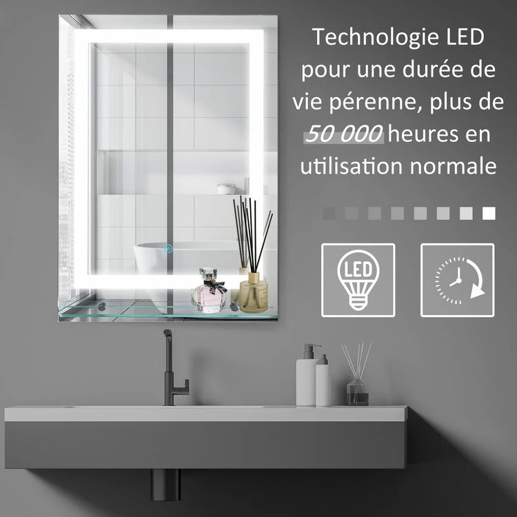HOMCOM Miroir Lumineux LED 22 W Interrupteur Tactile étagère Intégrée 50L X 4l X 70H Cm 5 HOMCOM Miroir Lumineux LED 22 W Interrupteur Tactile étagère Intégrée 50L X 4l X 70H Cm – Image 5