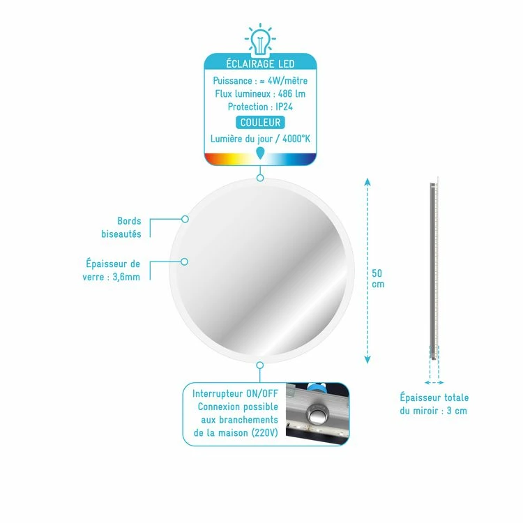 Aurlane Miroir LED IP24 Réversible - 50x50cm GO ROUND LED 50 4 Aurlane Miroir LED IP24 Réversible - 50x50cm GO ROUND LED 50 – Image 4