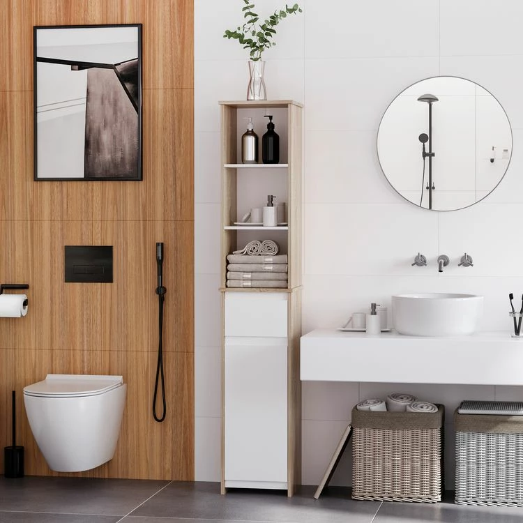 KLEANKIN Meuble Colonne Rangement Salle De Bain Style Cosy 3 Niches Tiroir Placard Avec étagère Blanc Aspect Chêne Clair 2 KLEANKIN Meuble Colonne Rangement Salle De Bain Style Cosy 3 Niches Tiroir Placard Avec étagère Blanc Aspect Chêne Clair – Image 2