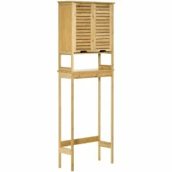 KLEANKIN Meuble WC Meuble Dessus Toilettes Style Cosy Dim. 60L X 23l X 173H Cm Portes à Lattes étagère Bambou MDF Aspect Bois Clair
