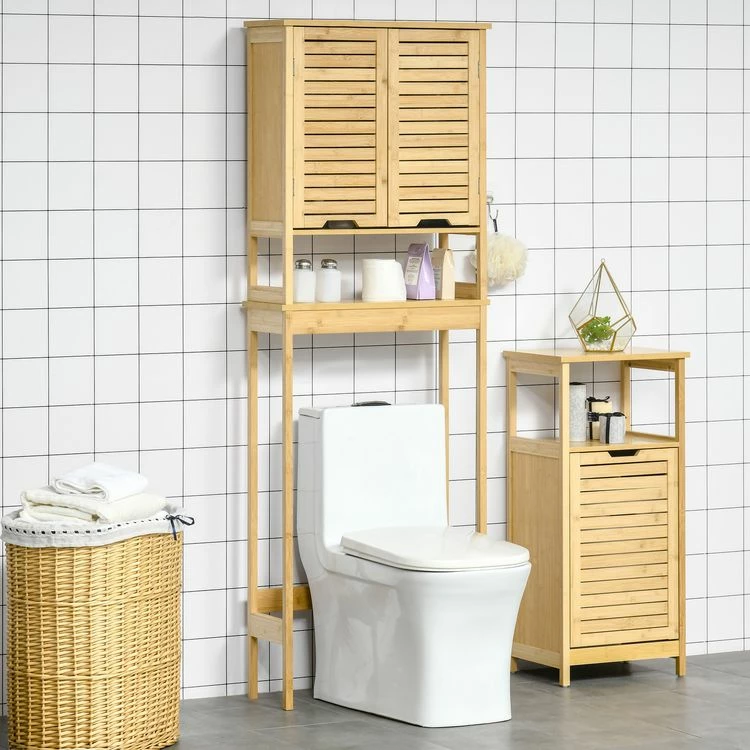 KLEANKIN Meuble WC Meuble Dessus Toilettes Style Cosy Dim. 60L X 23l X 173H Cm Portes à Lattes étagère Bambou MDF Aspect Bois Clair 2 KLEANKIN Meuble WC Meuble Dessus Toilettes Style Cosy Dim. 60L X 23l X 173H Cm Portes à Lattes étagère Bambou MDF Aspect Bois Clair – Image 2