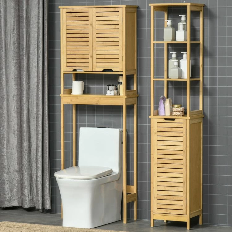 KLEANKIN Meuble WC Meuble Dessus Toilettes Style Cosy Dim. 60L X 23l X 173H Cm Portes à Lattes étagère Bambou MDF Aspect Bois Clair 4 KLEANKIN Meuble WC Meuble Dessus Toilettes Style Cosy Dim. 60L X 23l X 173H Cm Portes à Lattes étagère Bambou MDF Aspect Bois Clair – Image 4