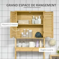 KLEANKIN Meuble WC Meuble Dessus Toilettes Style Cosy Dim. 60L X 23l X 173H Cm Portes à Lattes étagère Bambou MDF Aspect Bois Clair 10 KLEANKIN Meuble WC Meuble Dessus Toilettes Style Cosy Dim. 60L X 23l X 173H Cm Portes à Lattes étagère Bambou MDF Aspect Bois Clair -Paris Prix boutique B2CD 2485