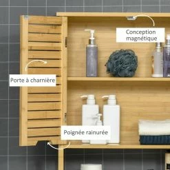 KLEANKIN Meuble WC Meuble Dessus Toilettes Style Cosy Dim. 60L X 23l X 173H Cm Portes à Lattes étagère Bambou MDF Aspect Bois Clair 11 KLEANKIN Meuble WC Meuble Dessus Toilettes Style Cosy Dim. 60L X 23l X 173H Cm Portes à Lattes étagère Bambou MDF Aspect Bois Clair -Paris Prix boutique B2CD 2486