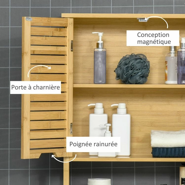 KLEANKIN Meuble WC Meuble Dessus Toilettes Style Cosy Dim. 60L X 23l X 173H Cm Portes à Lattes étagère Bambou MDF Aspect Bois Clair 6 KLEANKIN Meuble WC Meuble Dessus Toilettes Style Cosy Dim. 60L X 23l X 173H Cm Portes à Lattes étagère Bambou MDF Aspect Bois Clair – Image 6