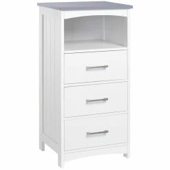KLEANKIN Meuble Colonne Salle De Bain Style Contemporain - 3 Tiroirs, Niche - MDF Blanc Gris