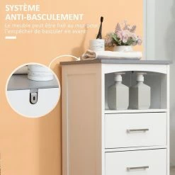 KLEANKIN Meuble Colonne Salle De Bain Style Contemporain - 3 Tiroirs, Niche - MDF Blanc Gris -Paris Prix boutique B2CD 265