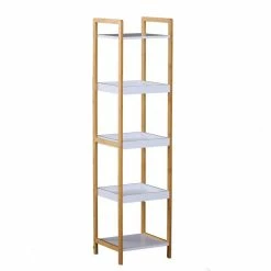 HOMCOM Etagère En Bambou De Salle De Bain étagère Debout 3 Paniers + 2 étagères Dim. 32L X 30l X 130H Cm Beige Blanc