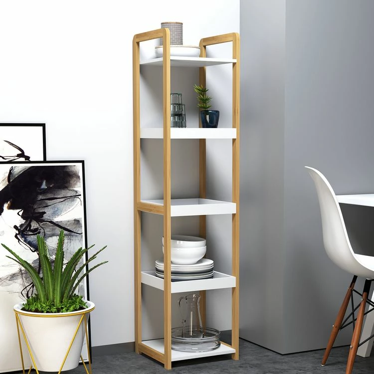 HOMCOM Etagère En Bambou De Salle De Bain étagère Debout 3 Paniers + 2 étagères Dim. 32L X 30l X 130H Cm Beige Blanc 2 HOMCOM Etagère En Bambou De Salle De Bain étagère Debout 3 Paniers + 2 étagères Dim. 32L X 30l X 130H Cm Beige Blanc – Image 2