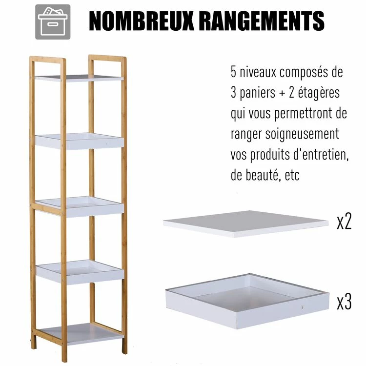 HOMCOM Etagère En Bambou De Salle De Bain étagère Debout 3 Paniers + 2 étagères Dim. 32L X 30l X 130H Cm Beige Blanc 4 HOMCOM Etagère En Bambou De Salle De Bain étagère Debout 3 Paniers + 2 étagères Dim. 32L X 30l X 130H Cm Beige Blanc – Image 4