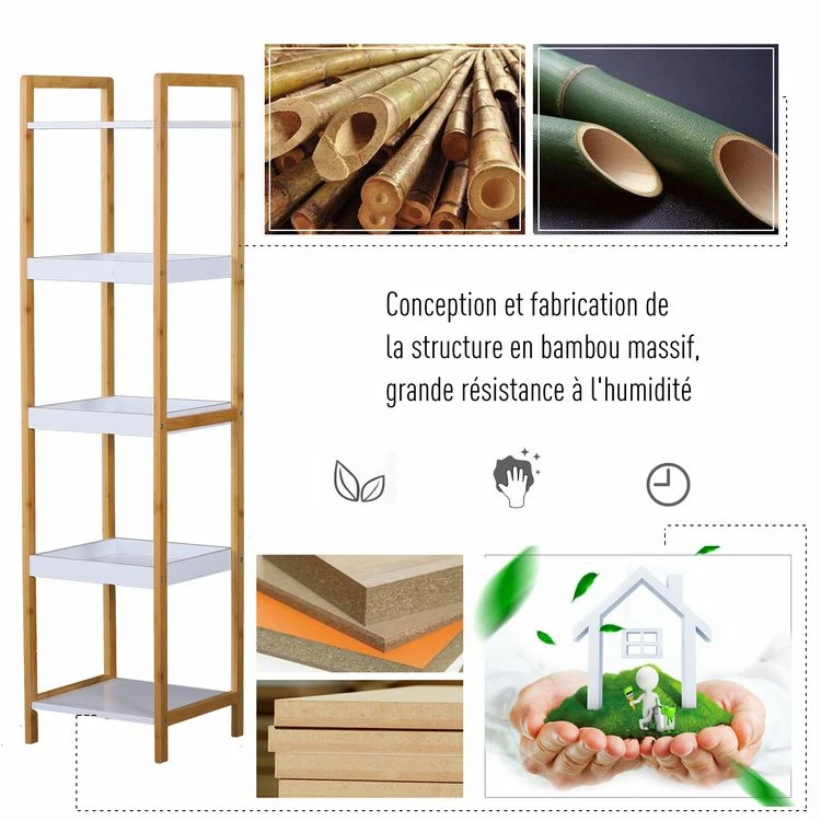 HOMCOM Etagère En Bambou De Salle De Bain étagère Debout 3 Paniers + 2 étagères Dim. 32L X 30l X 130H Cm Beige Blanc 5 HOMCOM Etagère En Bambou De Salle De Bain étagère Debout 3 Paniers + 2 étagères Dim. 32L X 30l X 130H Cm Beige Blanc – Image 5