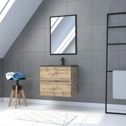 Aurlane Pack Meuble SDB 60cm Suspendu 2 Tiroirs Chene_Vasque Noire + Miroir - TIMBER 60_Pack07