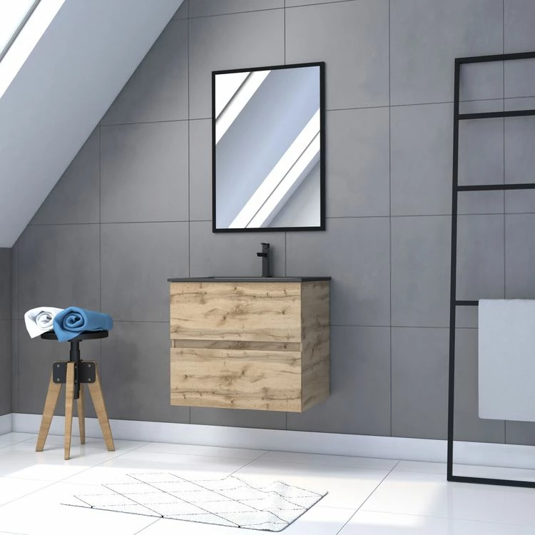 Aurlane Pack Meuble SDB 60cm Suspendu 2 Tiroirs Chene_Vasque Noire + Miroir - TIMBER 60_Pack07 1 Aurlane Pack Meuble SDB 60cm Suspendu 2 Tiroirs Chene_Vasque Noire + Miroir - TIMBER 60_Pack07