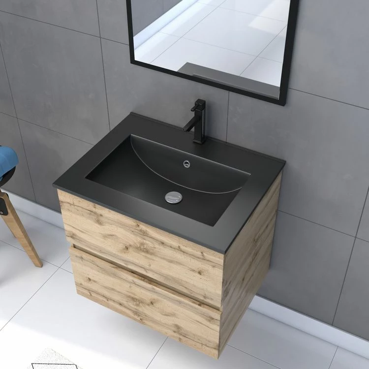 Aurlane Pack Meuble SDB 60cm Suspendu 2 Tiroirs Chene_Vasque Noire + Miroir - TIMBER 60_Pack07 2 Aurlane Pack Meuble SDB 60cm Suspendu 2 Tiroirs Chene_Vasque Noire + Miroir - TIMBER 60_Pack07 – Image 2