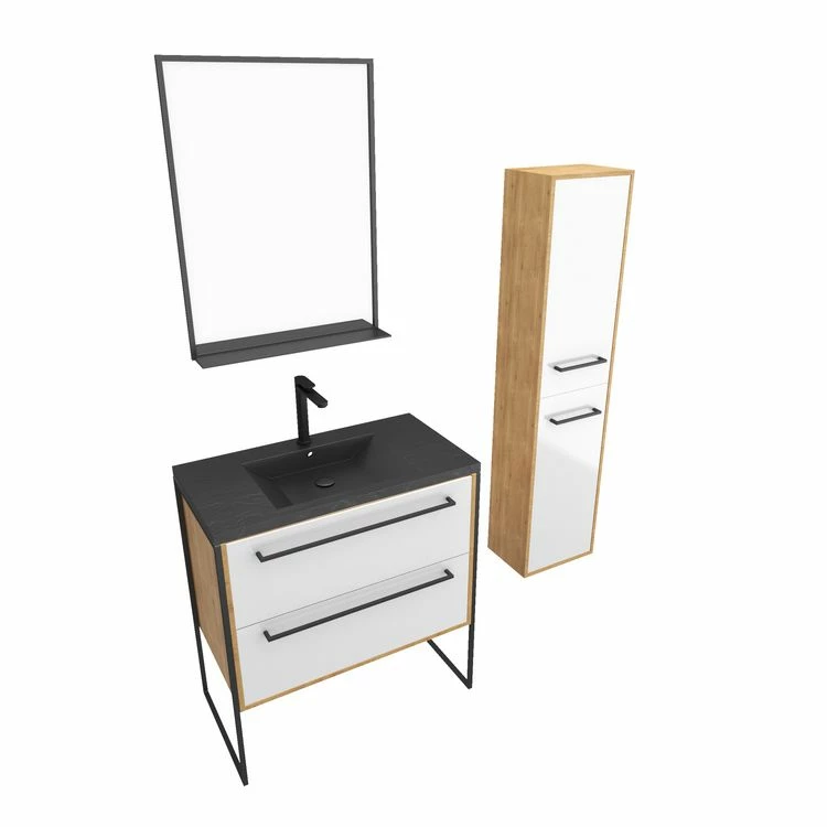 Aurlane Meuble De Salle De Bain 80x50cm - Vasque Noir Effet Pierre 80x50cm - 2 Tiroirs - Colonne - Miroir 3 Aurlane Meuble De Salle De Bain 80x50cm - Vasque Noir Effet Pierre 80x50cm - 2 Tiroirs - Colonne - Miroir – Image 3