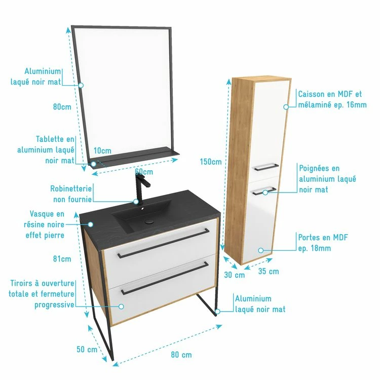 Aurlane Meuble De Salle De Bain 80x50cm - Vasque Noir Effet Pierre 80x50cm - 2 Tiroirs - Colonne - Miroir 4 Aurlane Meuble De Salle De Bain 80x50cm - Vasque Noir Effet Pierre 80x50cm - 2 Tiroirs - Colonne - Miroir – Image 4