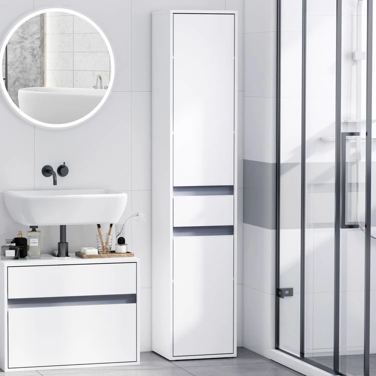 HOMCOM Meuble Colonne Rangement Salle De Bain Style Contemporain 2 Placards 3 étagères Et Tiroir Coulissant Panneaux Particules Blanc 2 HOMCOM Meuble Colonne Rangement Salle De Bain Style Contemporain 2 Placards 3 étagères Et Tiroir Coulissant Panneaux Particules Blanc – Image 2