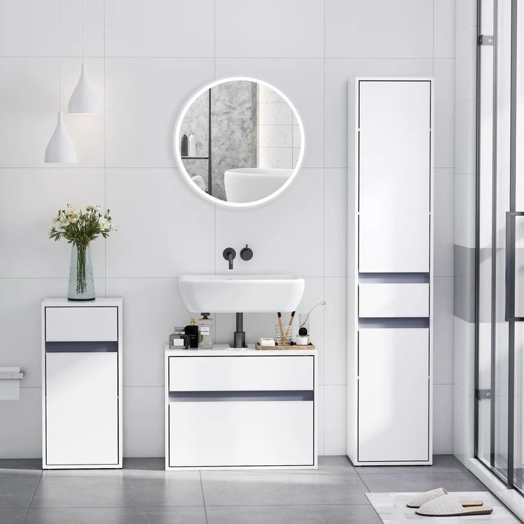 HOMCOM Meuble Colonne Rangement Salle De Bain Style Contemporain 2 Placards 3 étagères Et Tiroir Coulissant Panneaux Particules Blanc 4 HOMCOM Meuble Colonne Rangement Salle De Bain Style Contemporain 2 Placards 3 étagères Et Tiroir Coulissant Panneaux Particules Blanc – Image 4
