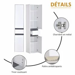 HOMCOM Meuble Colonne Rangement Salle De Bain Style Contemporain 2 Placards 3 étagères Et Tiroir Coulissant Panneaux Particules Blanc 11 HOMCOM Meuble Colonne Rangement Salle De Bain Style Contemporain 2 Placards 3 étagères Et Tiroir Coulissant Panneaux Particules Blanc -Paris Prix boutique B2CD 285