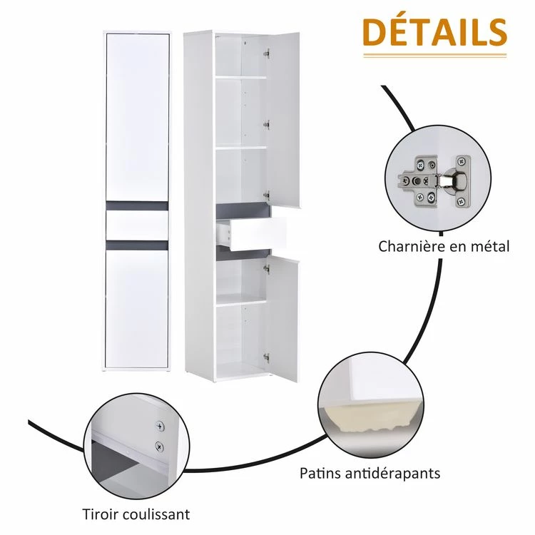 HOMCOM Meuble Colonne Rangement Salle De Bain Style Contemporain 2 Placards 3 étagères Et Tiroir Coulissant Panneaux Particules Blanc 6 HOMCOM Meuble Colonne Rangement Salle De Bain Style Contemporain 2 Placards 3 étagères Et Tiroir Coulissant Panneaux Particules Blanc – Image 6