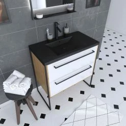 Aurlane Meuble De Salle De Bain 80x50cm - Vasque Noir Effet Pierre 80x50cm - 2 Tiroirs
