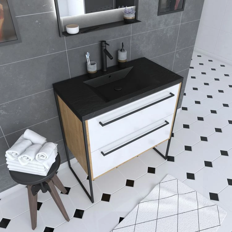 Aurlane Meuble De Salle De Bain 80x50cm - Vasque Noir Effet Pierre 80x50cm - 2 Tiroirs 1 Aurlane Meuble De Salle De Bain 80x50cm - Vasque Noir Effet Pierre 80x50cm - 2 Tiroirs