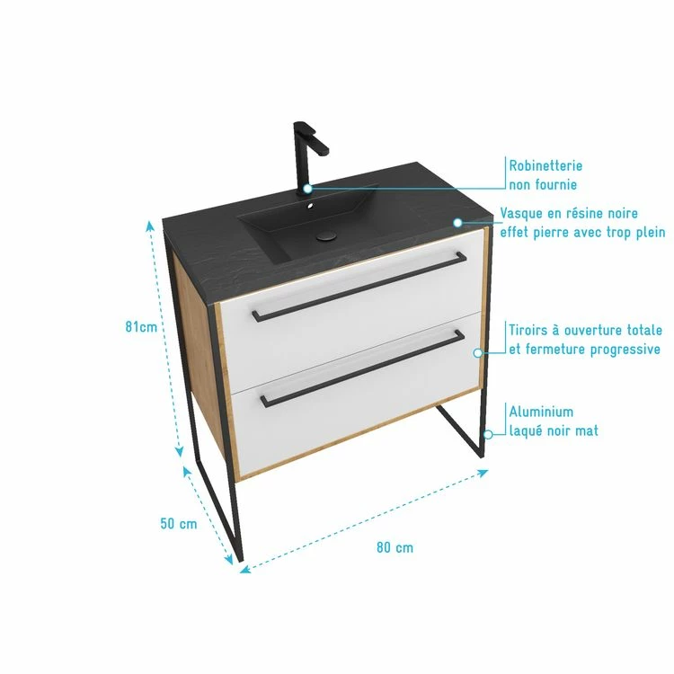 Aurlane Meuble De Salle De Bain 80x50cm - Vasque Noir Effet Pierre 80x50cm - 2 Tiroirs 4 Aurlane Meuble De Salle De Bain 80x50cm - Vasque Noir Effet Pierre 80x50cm - 2 Tiroirs – Image 4