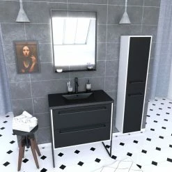 Aurlane Ensemble Meuble De Salle De Bain 80x50 Cm - Vasque Noir Effet Pierre + Colonne + Miroir