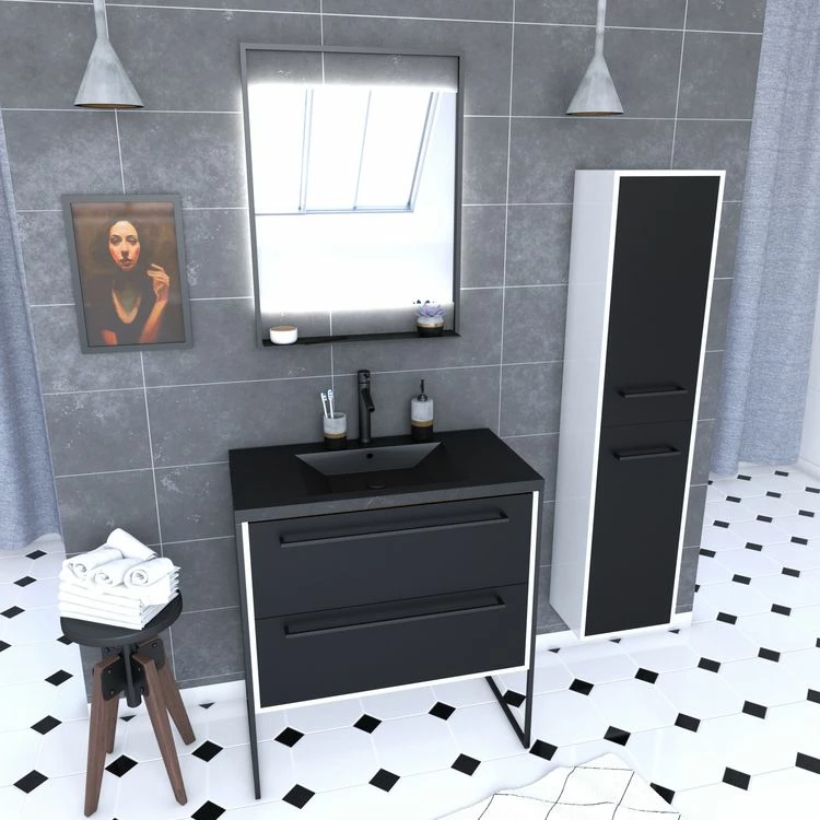 Aurlane Ensemble Meuble De Salle De Bain 80x50 Cm - Vasque Noir Effet Pierre + Colonne + Miroir 1 Aurlane Ensemble Meuble De Salle De Bain 80x50 Cm - Vasque Noir Effet Pierre + Colonne + Miroir