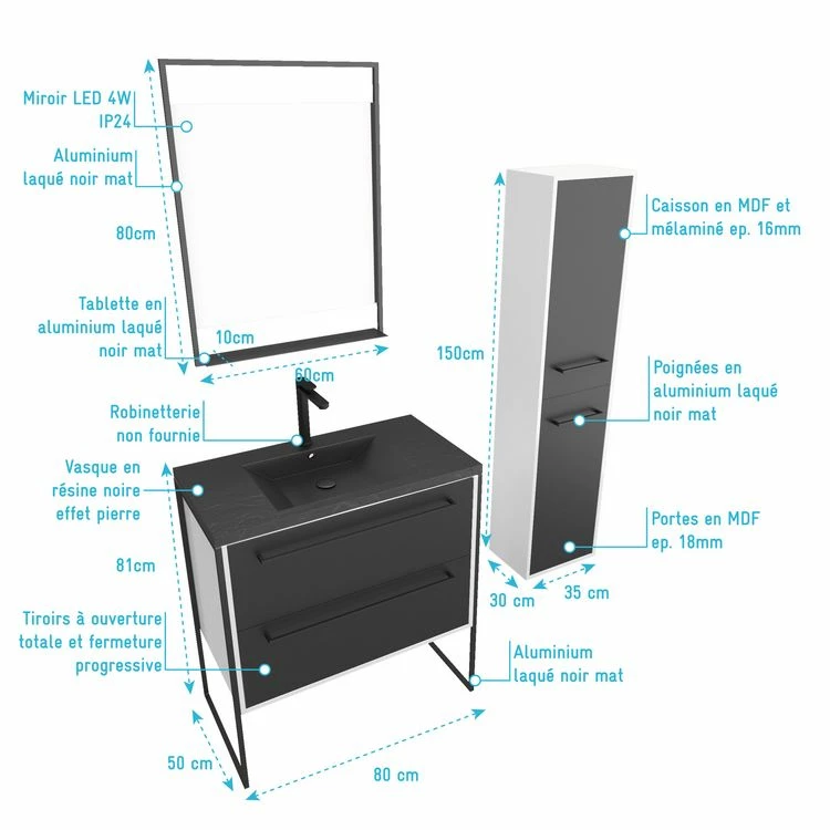 Aurlane Ensemble Meuble De Salle De Bain 80x50 Cm - Vasque Noir Effet Pierre + Colonne + Miroir 4 Aurlane Ensemble Meuble De Salle De Bain 80x50 Cm - Vasque Noir Effet Pierre + Colonne + Miroir – Image 4